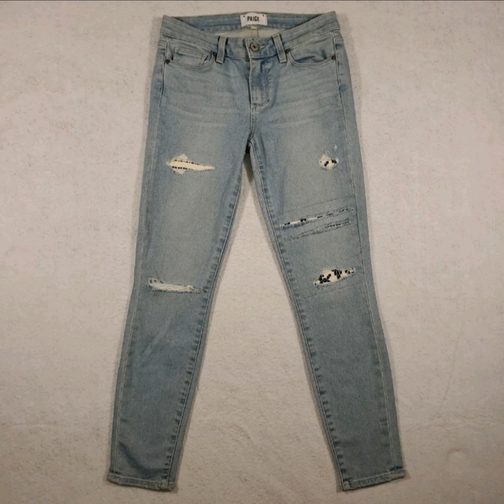 PAIGE Verdugo Ankle Mayan Patch Distressed Light Wash Jeans Women's Size 27